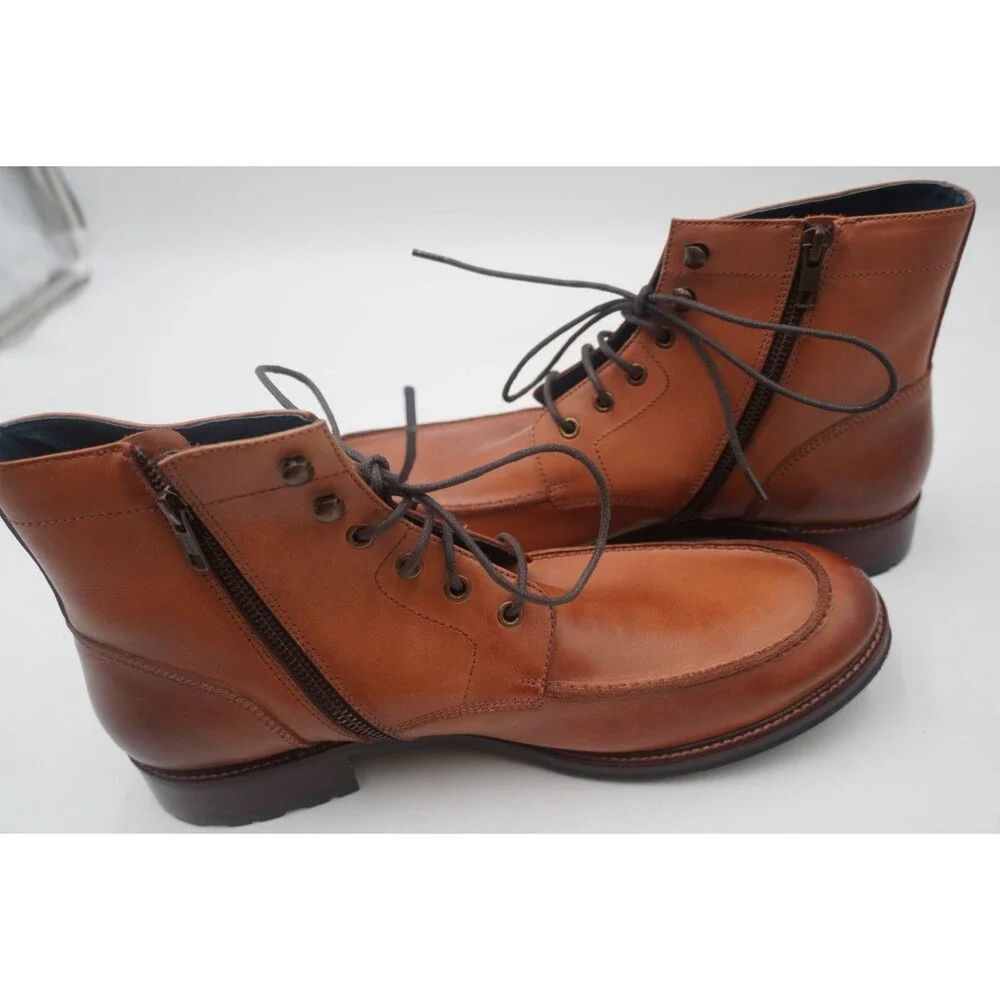 Gordon Rush Men Burnished Tan Leather Moc Toe Lace Up Ankle Boots Side Zip Sz 12